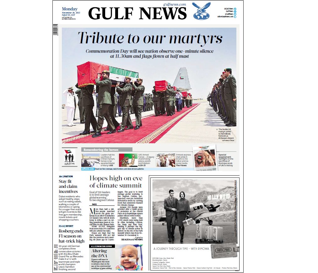 gulf_news's tweet photo. We are paying tribute to our martyrs on our #frontpage today for #CommemmorationDay. Visit https://t.co/js8VOvuhFF. https://t.co/nfWpE758wI