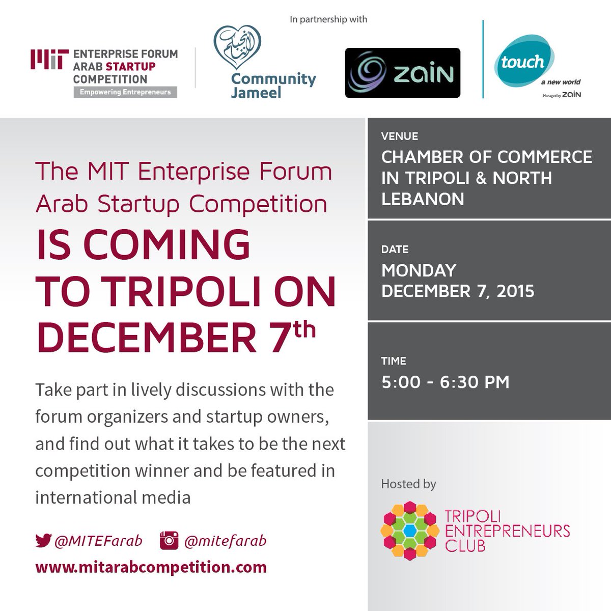 The #MITEFARAB STARTUP COMPETITIOM is coming to #Tripoli, Lebanon! 

Register here:
eventbrite.com/e/the-mitef-ar…