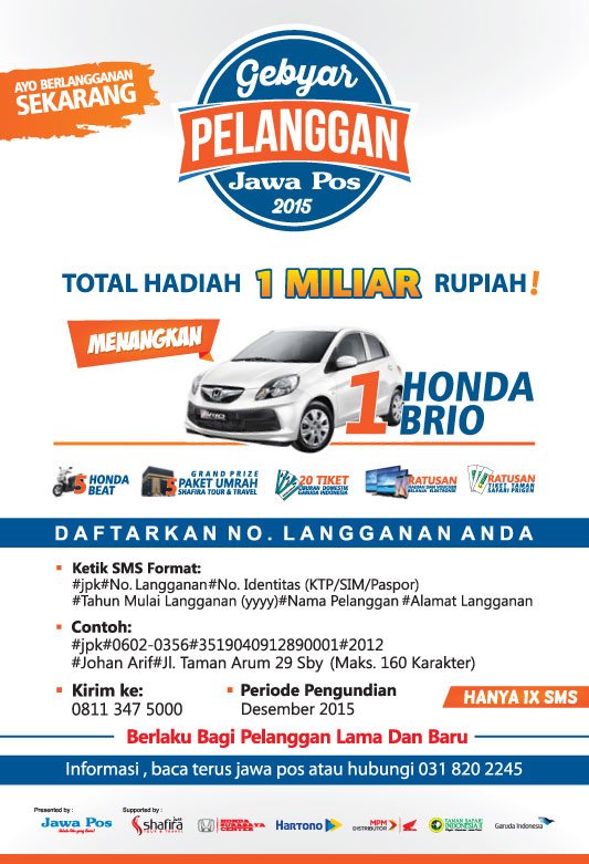 jawaposevent's tweet photo. Ikuti Gebyar Pelanggan Jawa Pos 2015. Dapatkan total hadiah 1 Miliar Rupiah! https://t.co/96DON5QZzg
