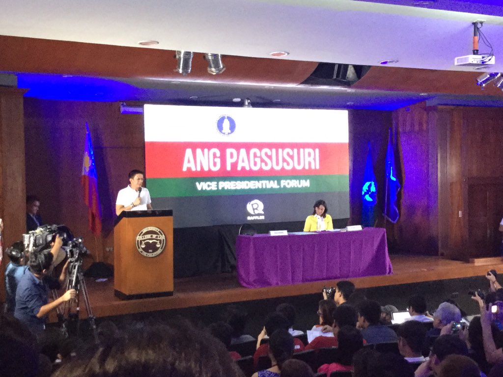 Chiz Escudero speaks at the Vice Presidential Forum at the UP College of Law. Photo by Anton Onato.