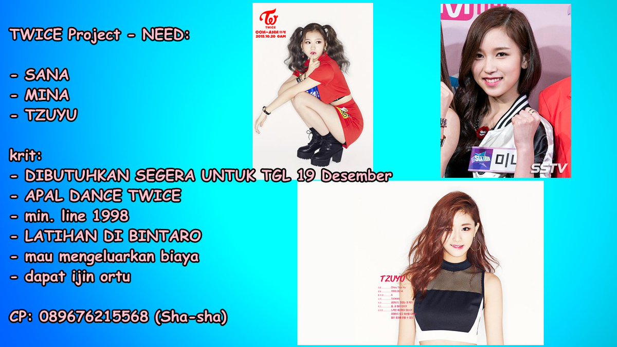 <a href="/LGenerationCrew/">LightGee Dance Cover</a> [HELP RT?] NEED ASAP! Sana, Mina, and Tzuyu - Twice project for 19th December. Info? check photo