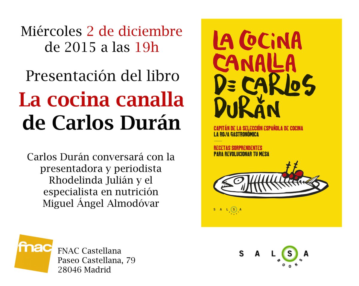 Madrid! No os perdáis este miércoles la presentación d La cocina canalla d Carlos Durán! <a href="/Charlie_Champag/">Charlie Champagne</a> <a href="/Fnac_ESP/">Fnac España</a>