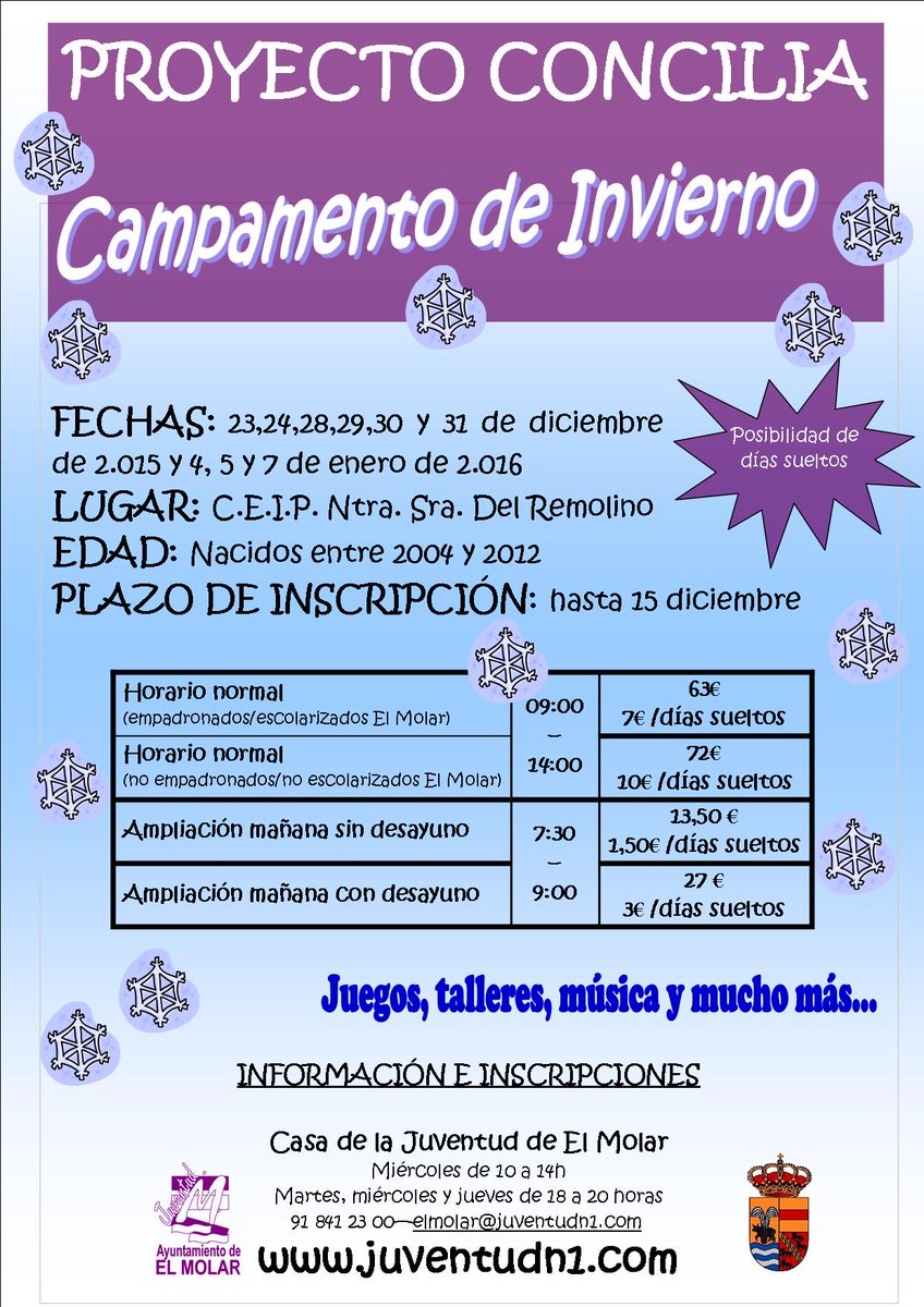 aytoelmolar's tweet photo. Actualización de precios por días sueltos del #campamentodeinvierno del #ProyectoConcilia #ElMolar @sierranortecom https://t.co/2eToydKuEH