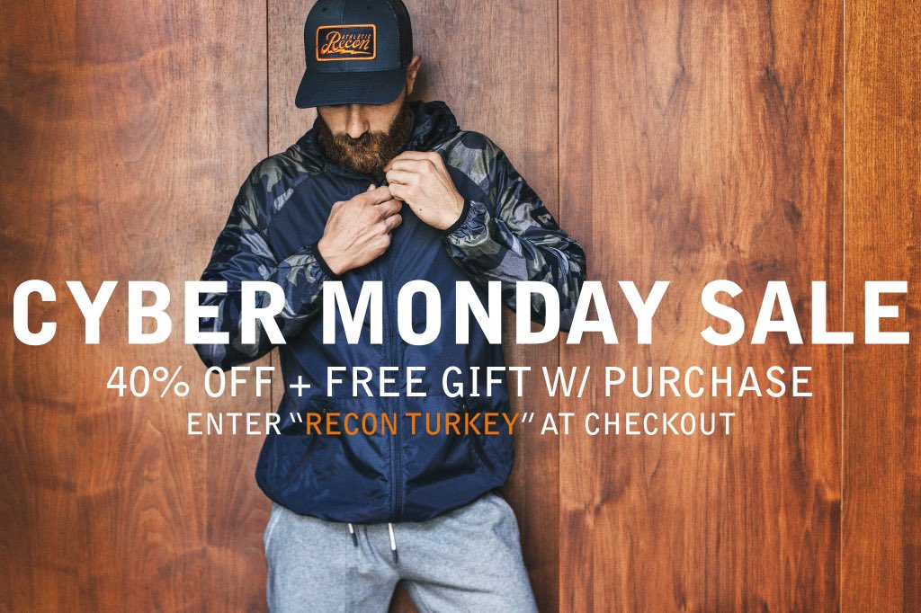 athleticrecon's tweet photo. Cyber Monday: 40% off + free gift w/ all purchases. Use discount code RECONTURKEY. Sale ends today Monday @ 11:59pm. https://t.co/HINW8jI8D9