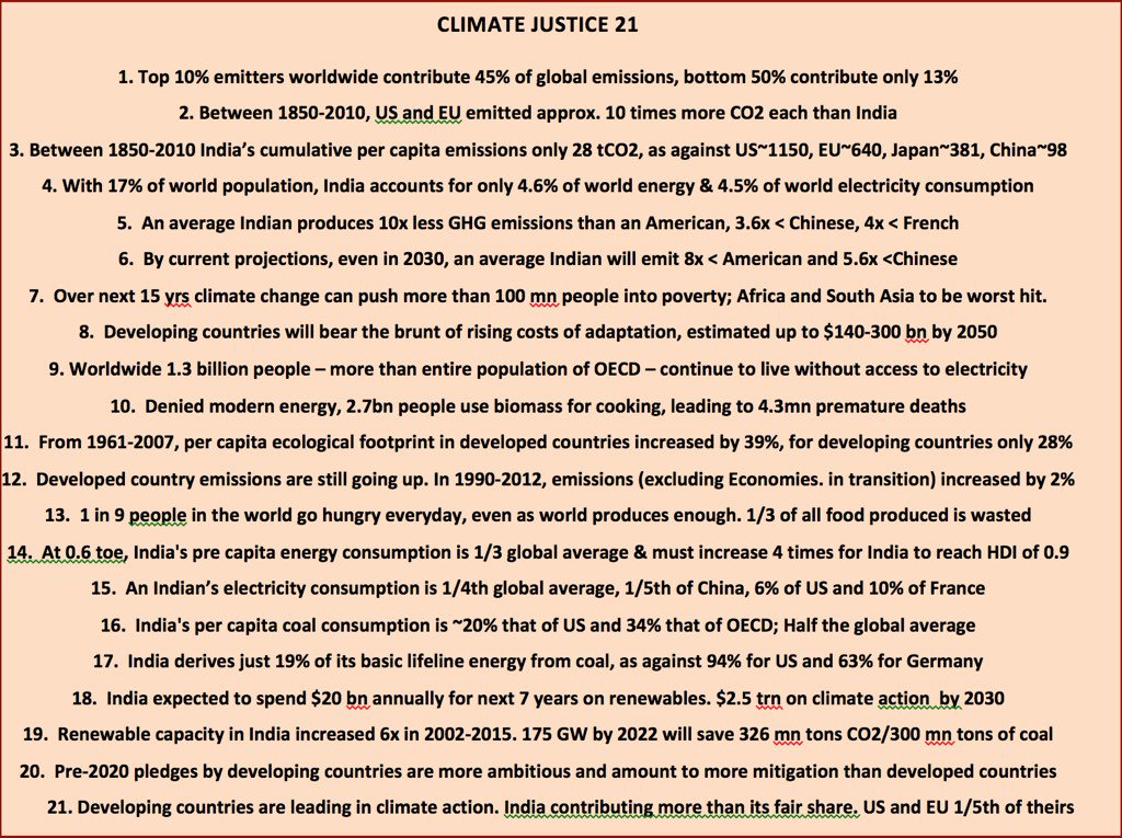 Amit_Narang's tweet photo. #ClimateJustice-21 facts for #COP21-a mirror to climate inequality and need for a fair outcome in Paris. See pic. https://t.co/zUrZ7ZcsM8