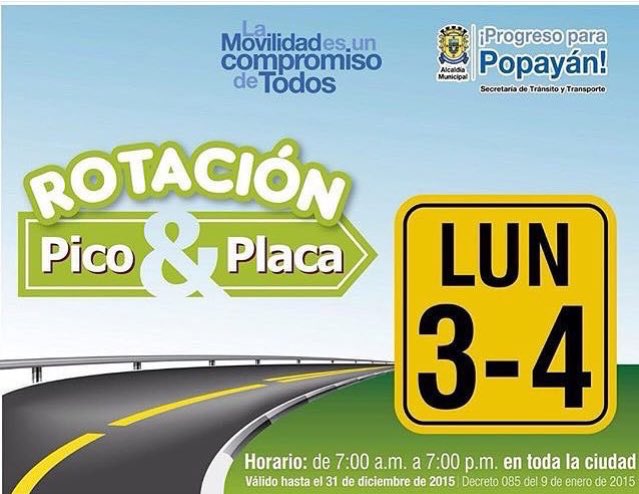 #picoyplaca este lunes 3 y 4. De 7am a 7pm. En toda la ciudad. <a href="/PopayanCO/">popayanco</a> <a href="/WazeCo/">ComunidadWazeCo</a> <a href="/FranciscoFuentM/">FRANCISCO FUENTES</a> <a href="/RUNT_OFICIAL/">RUNT</a>
