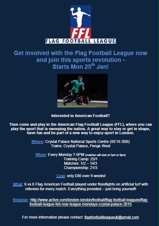 #NFL #nfluk fans! Get involved with our new Flag League starting in Feb next year at Crystal Palace! Sign up now!