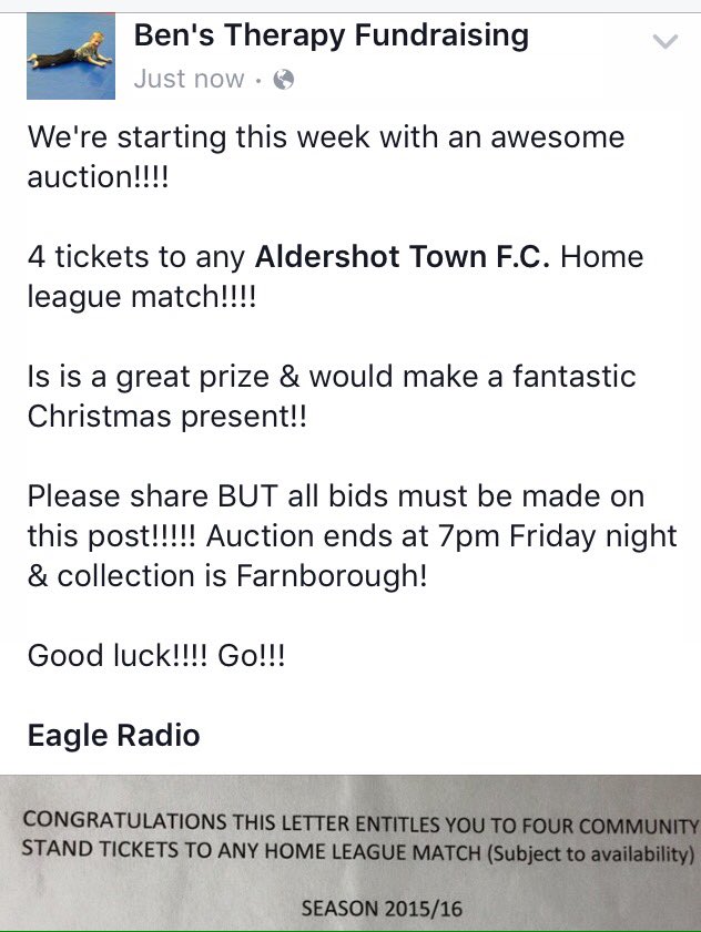 Auction on Ben's FB! 4 <a href="/aldershot_town/">Aldershot Town</a> tickets up for grabs! Please RT <a href="/grahambrookland/">Graham Brookland</a> <a href="/surreyradio/">Surrey Radio</a> <a href="/eagleradio/">Greatest Hits Radio Surrey & East Hampshire</a>