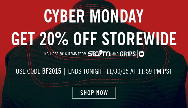 BJJSports's tweet photo. Time is running out - celebrate #CyberMonday with 20% off storewide with code BF2015! https://t.co/IlaWv7bl6o https://t.co/0kdYIVDROn