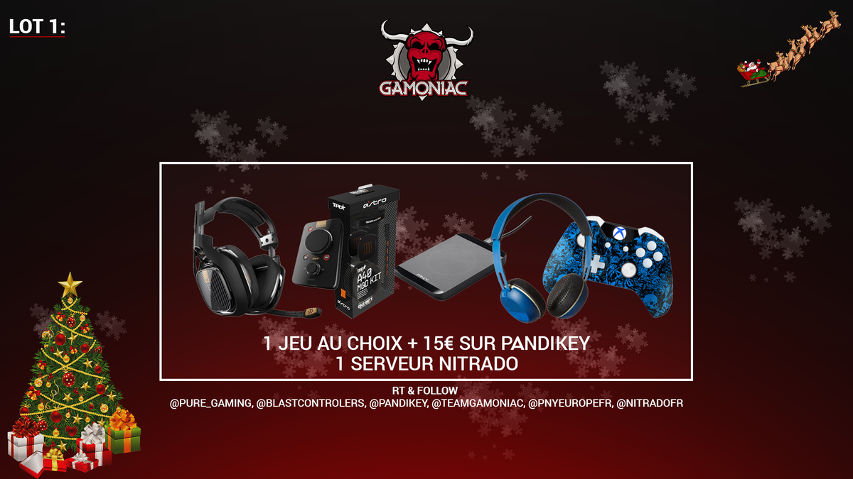 TeamGamoniac's tweet photo. Super #concours noel:LOT1 RT et Follow @Pure_Gaming @BlastControlers @PNYEuropeFR @Pandikey @TeamGamoniac @NitradoFr https://t.co/Z9OCuTunOK