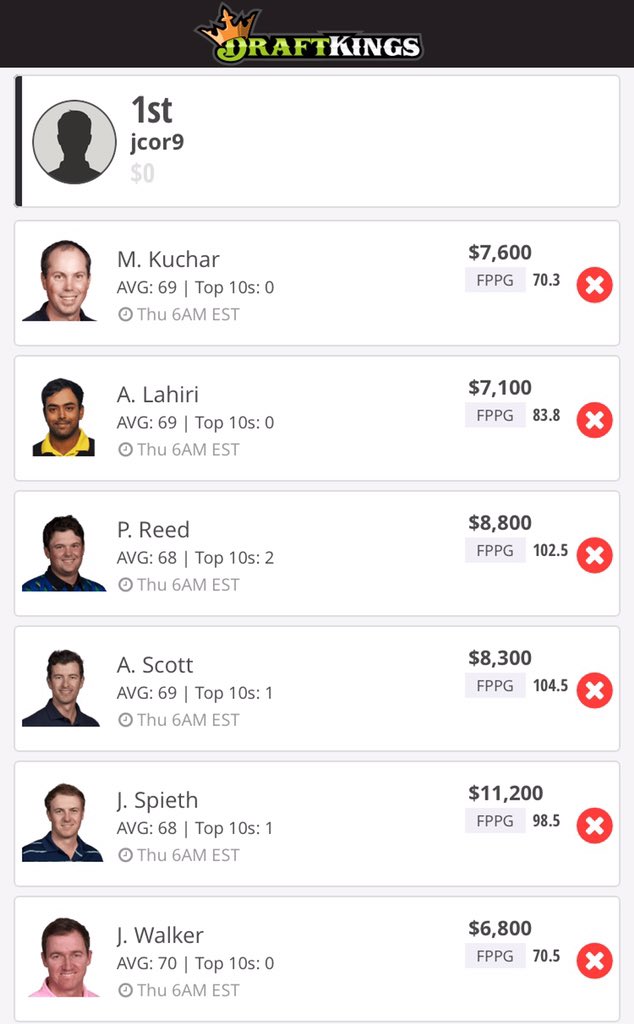 DFS__Fire's tweet photo. PGA lineup for Thursday on @draftkings. Fav if your using. #DFSPGA #DFSFree #DFSPGSFREE https://t.co/0UemBwIZyP