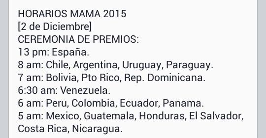 BaekObrien's tweet photo. "Estos son los horarios de los premios MAMA 2015"

ME: https://t.co/gNKw3csN7w