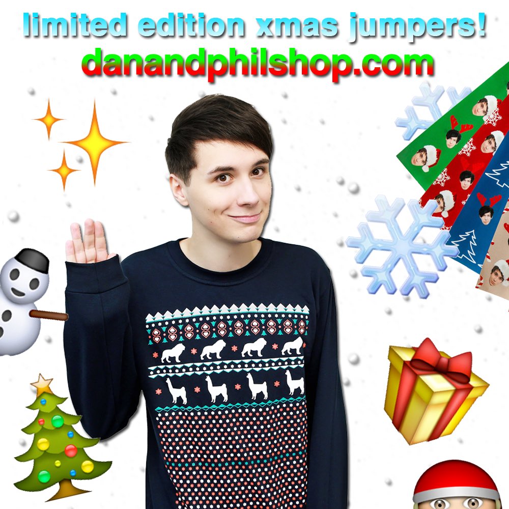 danielhowell's tweet photo. ❄️ limited edition dan and phil CHRISTMAS JUMPERS! now on https://t.co/O6ihQKe9l6 with calendars &amp; wrapping paper ❄️ https://t.co/jqOOhXwrSv