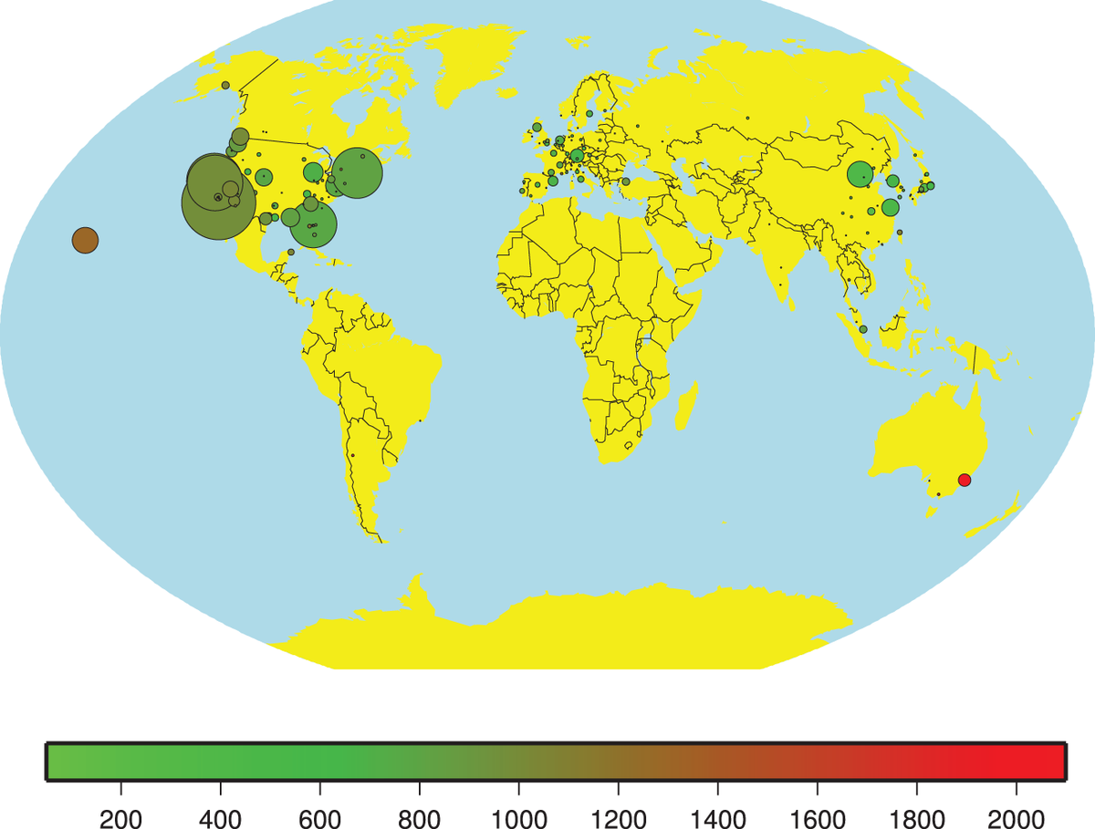 CoolSWEng's tweet photo. CO₂ impact of travel for conference presentations. (Look at Hawaii) https://t.co/zoDh5GvfYT @PLOSONE #UNFCCC #COP21 https://t.co/uJJTZE8zCn