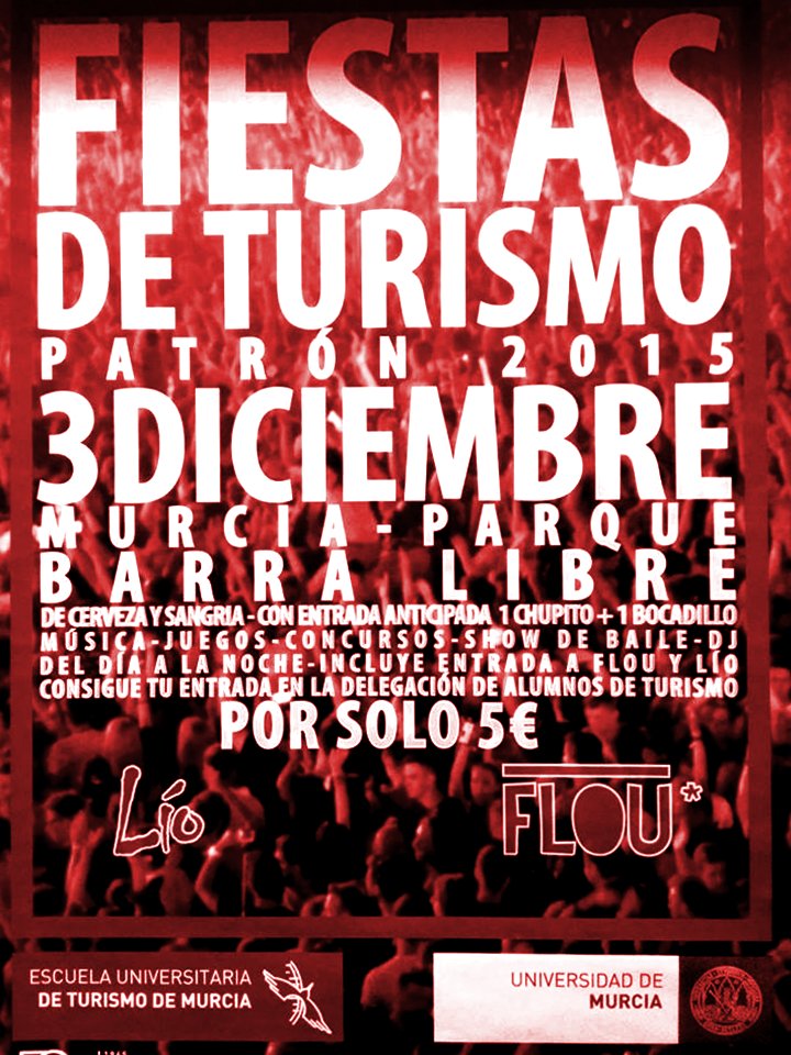 FiestasEUTM's tweet photo. FIESTAS DE TURISMO 🍻 PRÓXIMO 3 DE DICIEMBRE - MURCIA PARQUE - 
BARRA LIBRE CERVEZA Y SANGRÍA+BOCADILLO+ CHUPITO 5€!! https://t.co/EebMBTYxly
