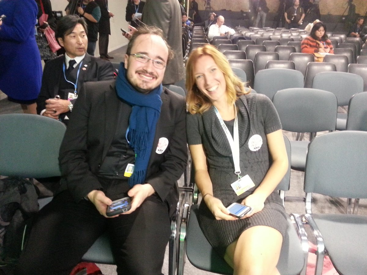 atiyeahthoughts's tweet photo. .@CYD_DJC & other youth frm Canada take to front row of Trudeau press conference at #cop21 with stickers. #COP21Can https://t.co/O7FCfHPvrX