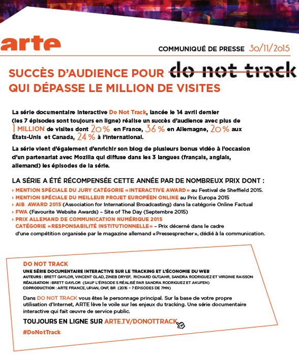ARTEpro's tweet image. [CP] 👏 La série documentaire interactive #DoNotTrack dépasse le million de visites ! donottrack-doc.com/fr/