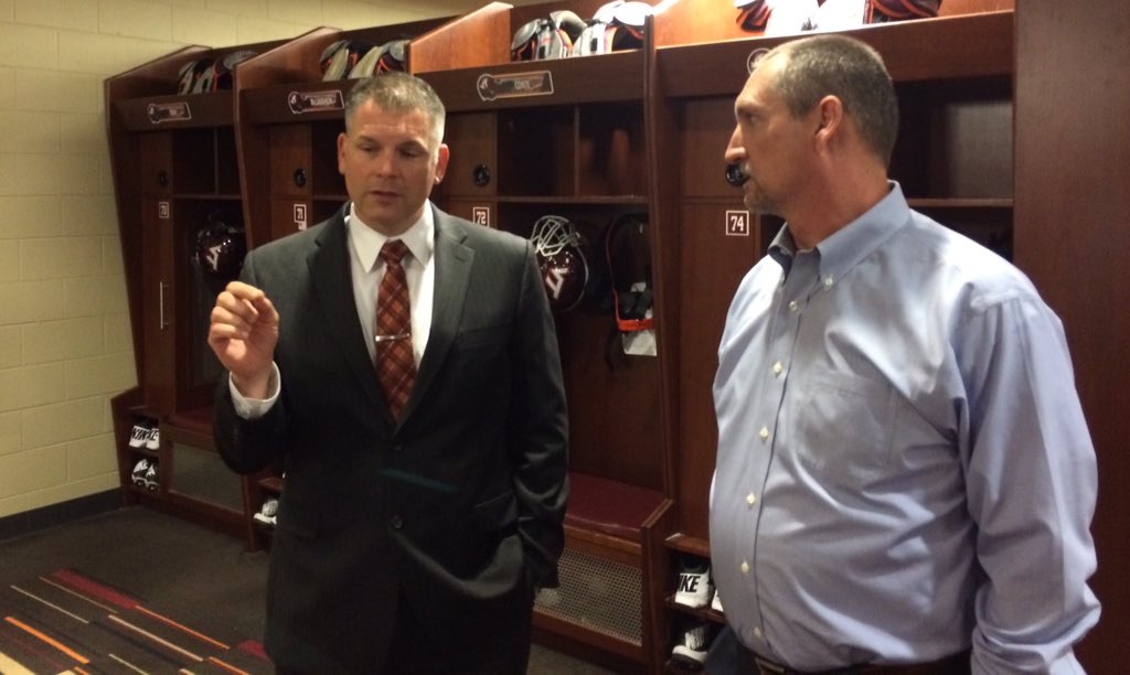 HokiesFB's tweet photo. Coach Fuente &amp; Coach Foster talking Xs &amp; Os already. https://t.co/OCQMmrk7rK