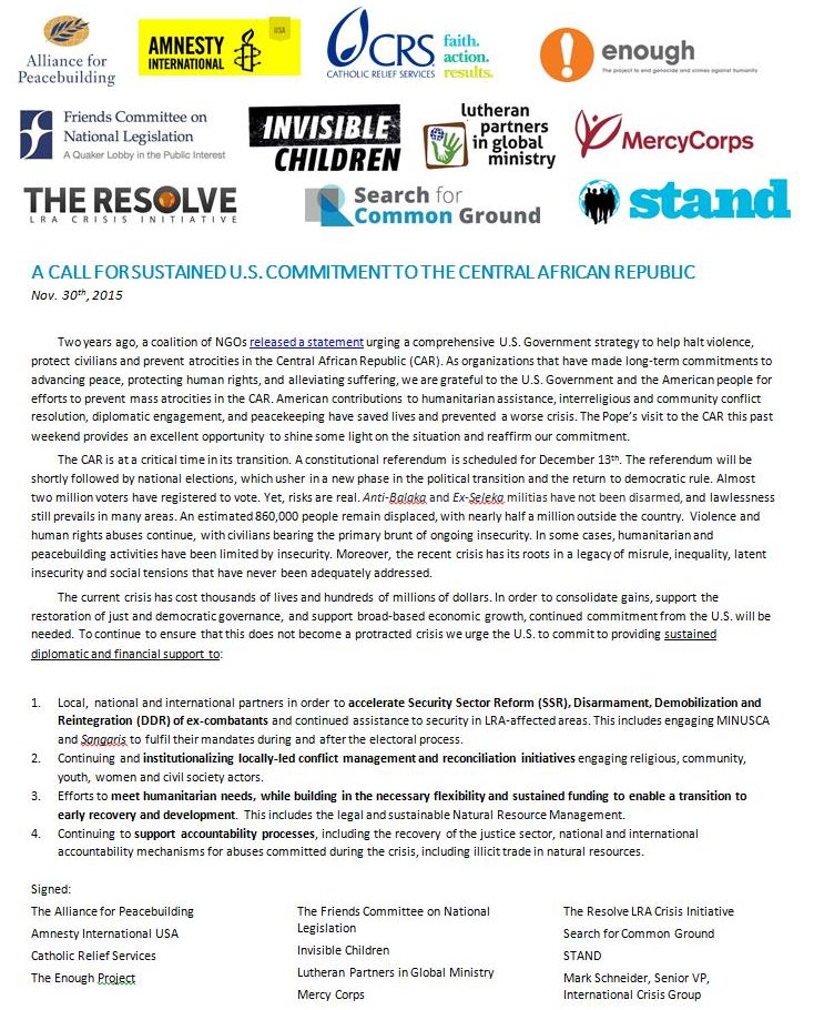 standnow's tweet photo. Proud to join @FCNL @EnoughProject @SFCG_ @mercycorps &amp; 6 other orgs calling for US commitment to peace #CARcrisis https://t.co/tMP0Usv88X