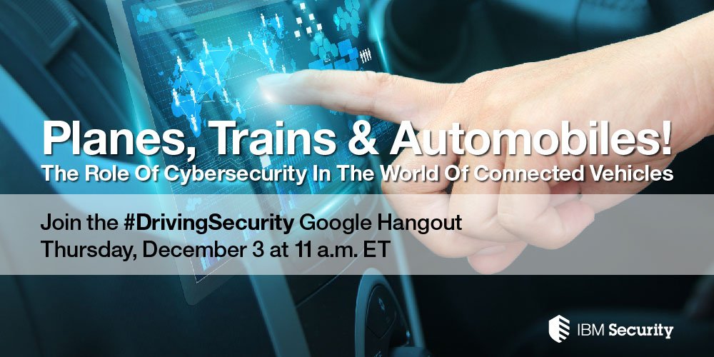 IBMSecurity's tweet image. Join @ChrisPoulin &amp;amp; a panel of #connectedcar experts on 12/3 for a #DrivingSecurity convo ibm.co/1HzXlX7