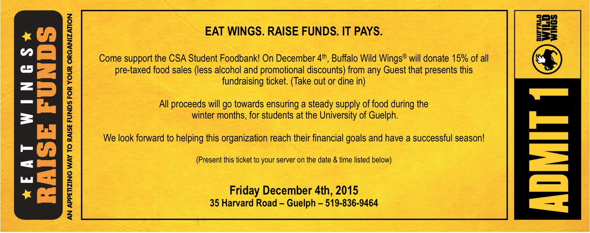 csaguelph's tweet photo. This Fri Wild Wings will donate 15% to our FoodBank from any sale (excluding alcohol) w/ this coupon #CSAservices https://t.co/kTazR4wCFx