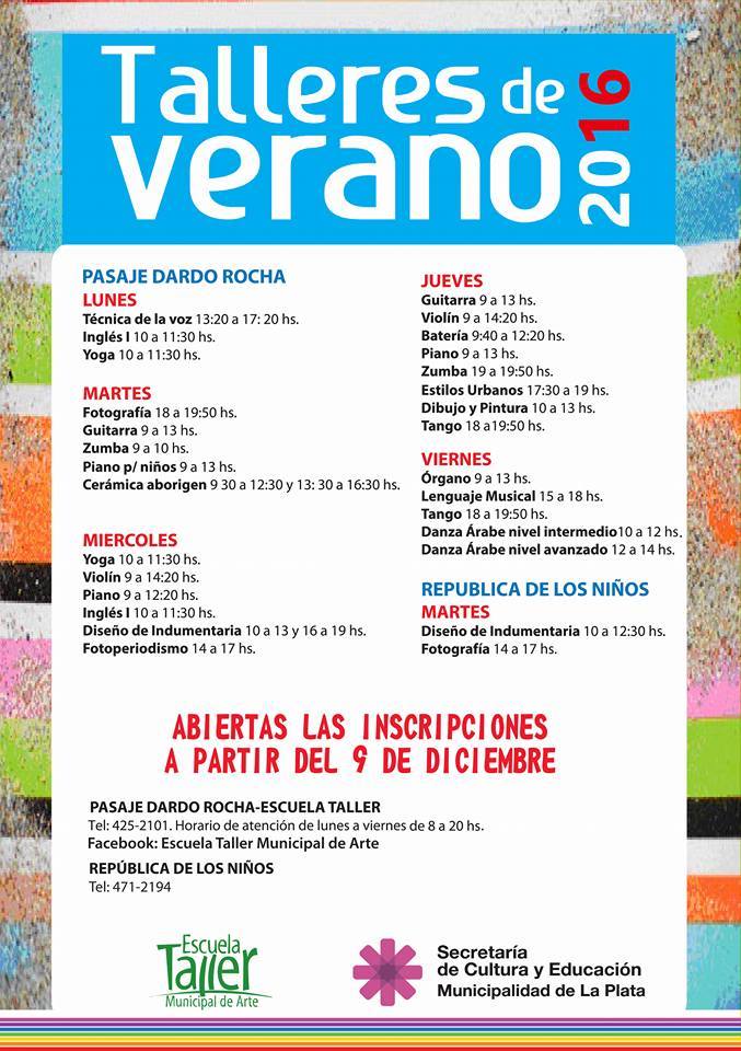 CulturaMLP's tweet photo. Preparate para los talleres de Verano! Inscripciones a partir del 9 de dic. #PasajeDardoRocha https://t.co/dJ69I6Wfed