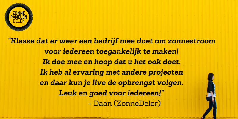 "Leuk en goed voor iedereen."
Zonne-energieproject <a href="/b4agro/">B-four AGRO</a> staat al bijna op 50%! zonnepanelendelen.nl/project/b4agro