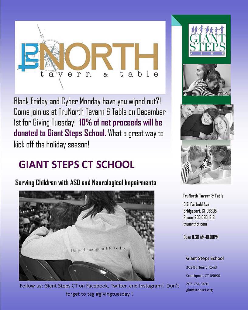 GiantStepsCT's tweet photo. One day away! Come to @TruNorthCT for #givingtuesday! Tell Family and friends! Share post! Enjoy great food&amp;drink! https://t.co/BVLnXKmx7T
