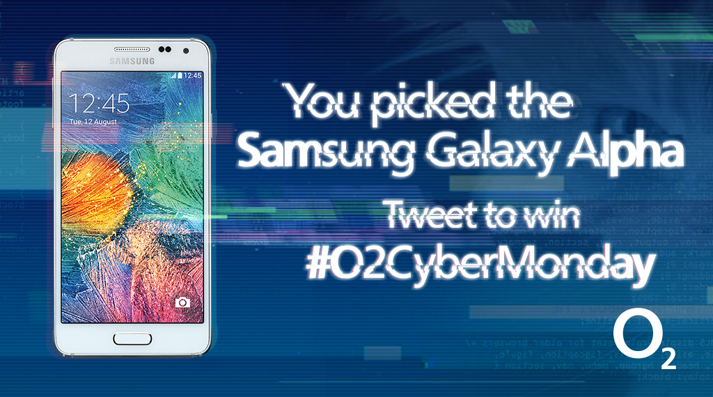 O2's tweet photo. You voted and Samsung Galaxy Alpha the winner! Just tweet #O2CyberMonday before 5pm to win https://t.co/cM4hOcjTog https://t.co/uoQ9M0Q31e