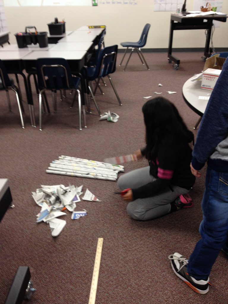 MemorialPace's tweet photo. Preparing rolls of newspaper to make a geodesic dome! @MemorialPISD #bobcatsca #4PACE https://t.co/1DtyQ4mkSR