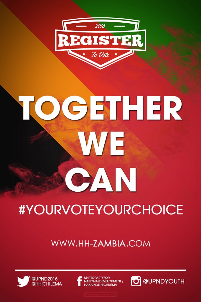 UPNDZM's tweet photo. Register to vote ahead of the 2016 General Election TOGETHER WE CAN! #YourVoteYourChoice #HH2016 #UPND2016 #Zambia https://t.co/1OTZEo2kNm
