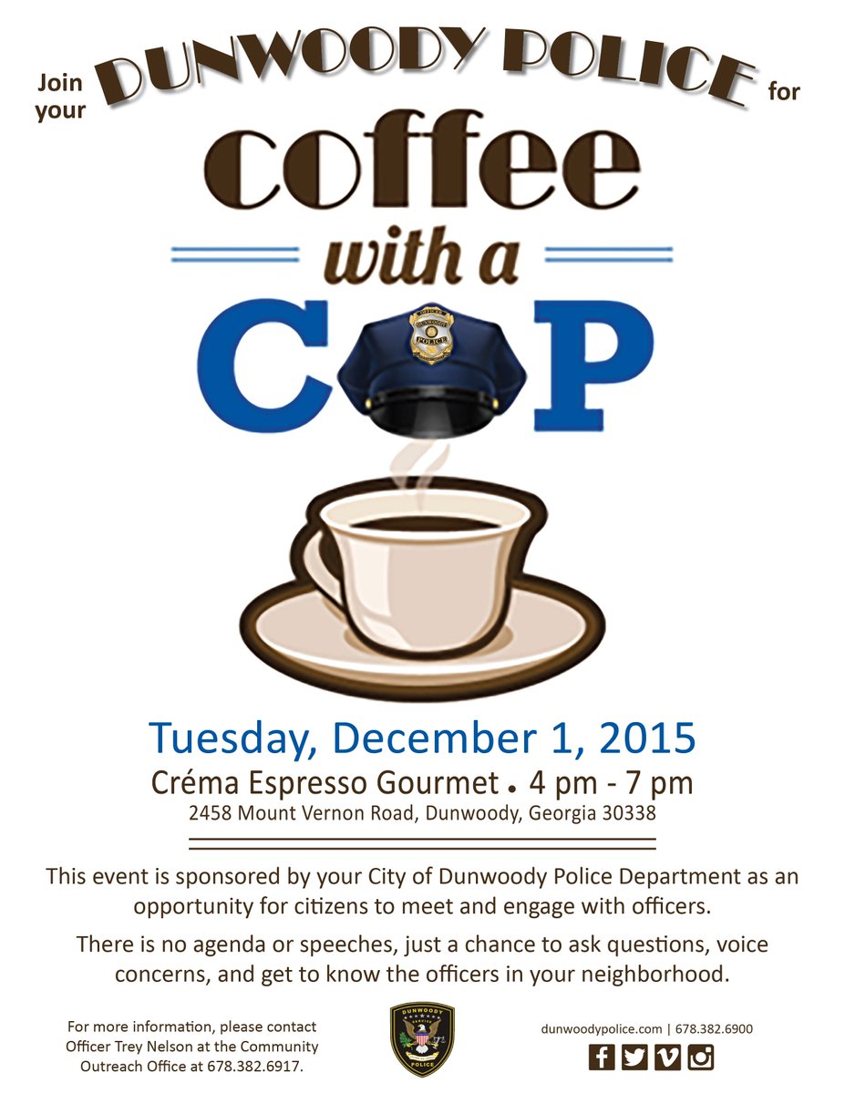 Our PD is hosting #CoffeeWithACop <a href="/CremaIt/">CremaEspressoGourmet</a> tomorrow, December 1st, from 4pm to 7pm. Come meet your local officers!