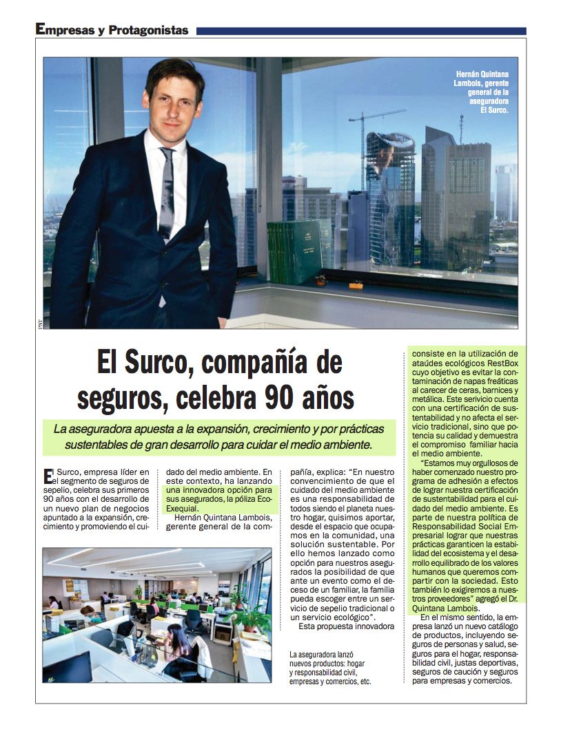 EcoExequial's tweet photo. Nota #Revista #Noticias: El #Surco Compañía de 
#Seguros ha obtenido la #Certificación de #Sustentabilidad https://t.co/DmlM2QdVdn