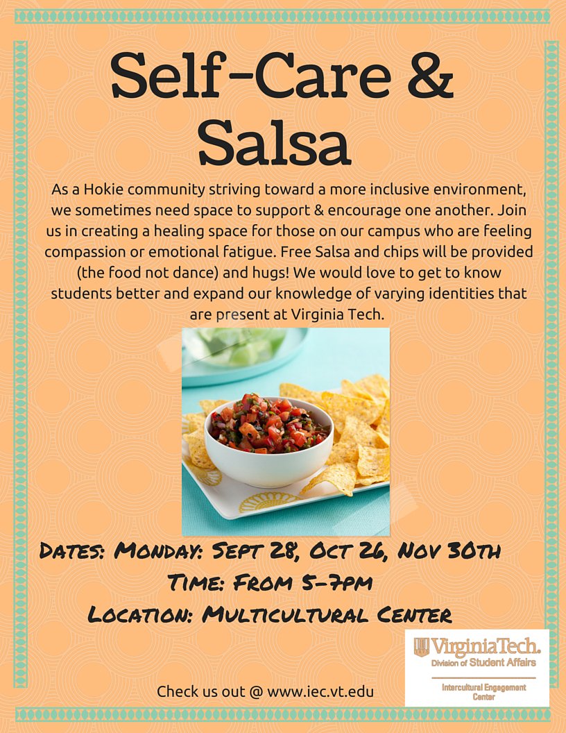 VT_CCC's tweet photo. Tonight is the last #SelfCare & #Salsa for this semester. Come out to the #VTMCC!!! https://t.co/5oaCEoUXNI