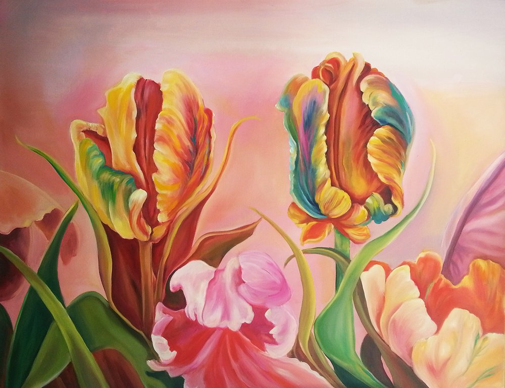 Dorit Adrin, Oil Painting, Parrot Tulips, Floral Painting