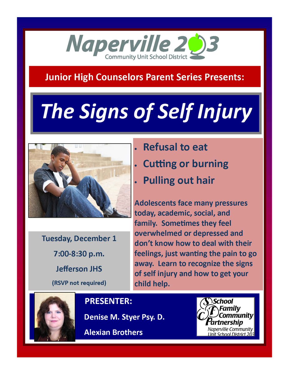 Naperville203's tweet photo. The Junior High Counselors Parent Series continues with The Signs of Self-Injury on Dec. 1 at 7pm #203pride https://t.co/l2r61dHvjB