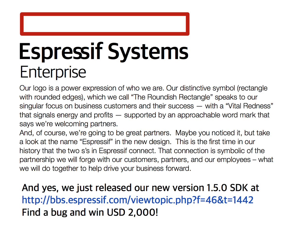 EspressifSystem's tweet photo. *DRUM ROLL* ESP8266 SDK version 1.5.0 is here! Major upgrade. Awesome features. https://t.co/mEBOwdVPUR https://t.co/eluY8z5t7Y