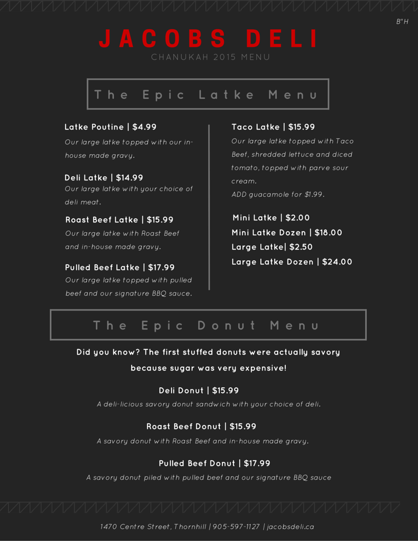 Chanukah is almost here!! Check out our special menu #chanukah #getyourdelion <a href="/JacobsDeli/">Jacobs Deli</a>