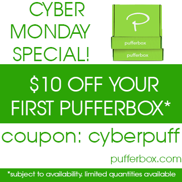 pufferbox's tweet photo. Cyber Monday Special! $10 OFF any of our plans! Promotion ends today. #pufferbox #cannabiscommunity #420 https://t.co/RBLSSCwqdV