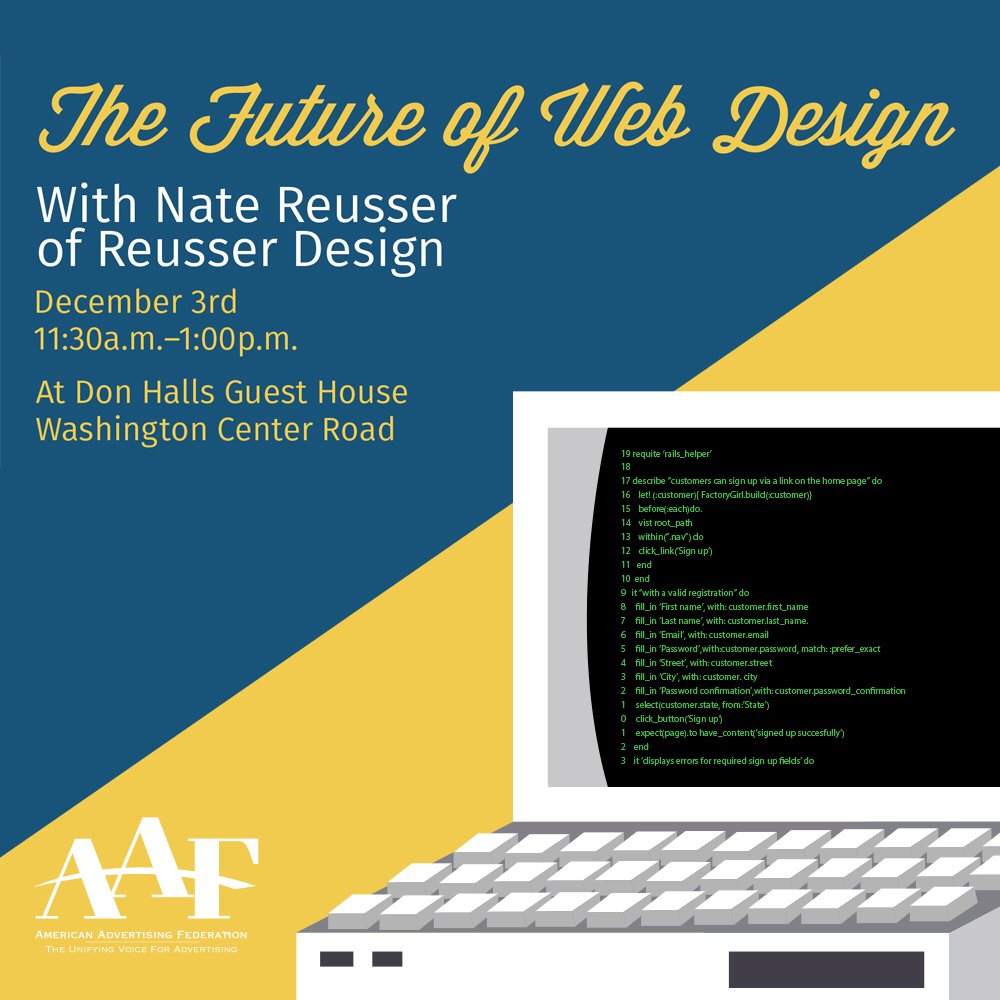 Reusser's tweet photo. Learn about web trends, tools, and development at the @FortWayneAdFed this Thursday. @natereusser will be speaking! https://t.co/LhbJpSX1bl