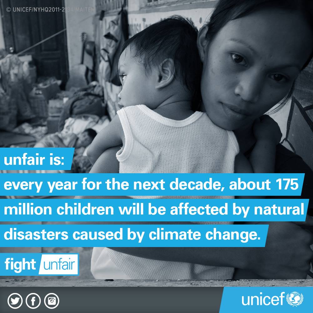 UNICEF's tweet photo. Every year for next decade 175m children will be affected by natural disasters caused by #climatechange. #COP21 https://t.co/ts0v5RuC6Z