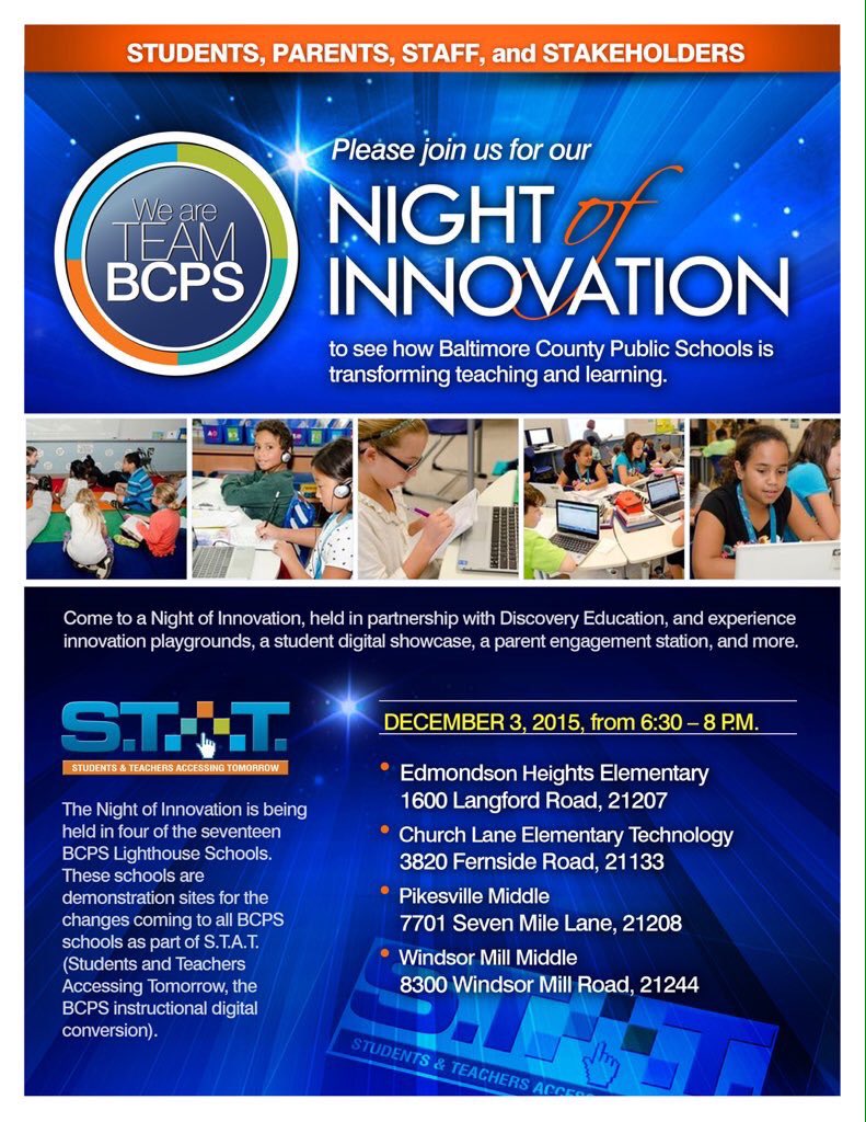 j_eisenberg87's tweet photo. Join BCPS this Thursday for a night of innovation #transformingteachingandlearning @CatonsvilleMS @BCPSMATH https://t.co/OlB2spdSB1
