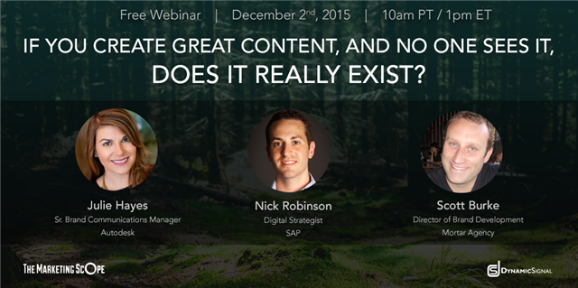 #ContentMarketing thought leaders <a href="/hartstein_jbh/">Julie Hayes</a> <a href="/socialrobinson/">Nick Robinson</a> <a href="/ScottKenada/">Scott Burke</a> chat on 12/2 bit.ly/1NElZbq