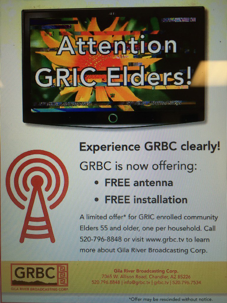 GilaRiverTV's tweet image. GRIC elders are eligible for a free antenna installation to receive GRBC TV! Help spread the word please, Thank-you!
