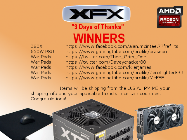 XFX_PlayHard's tweet photo. And the results are in. Congratulations. #3daysofthanks Thank you #amdrtp and everyone else who helped. https://t.co/GltLhfrXYm