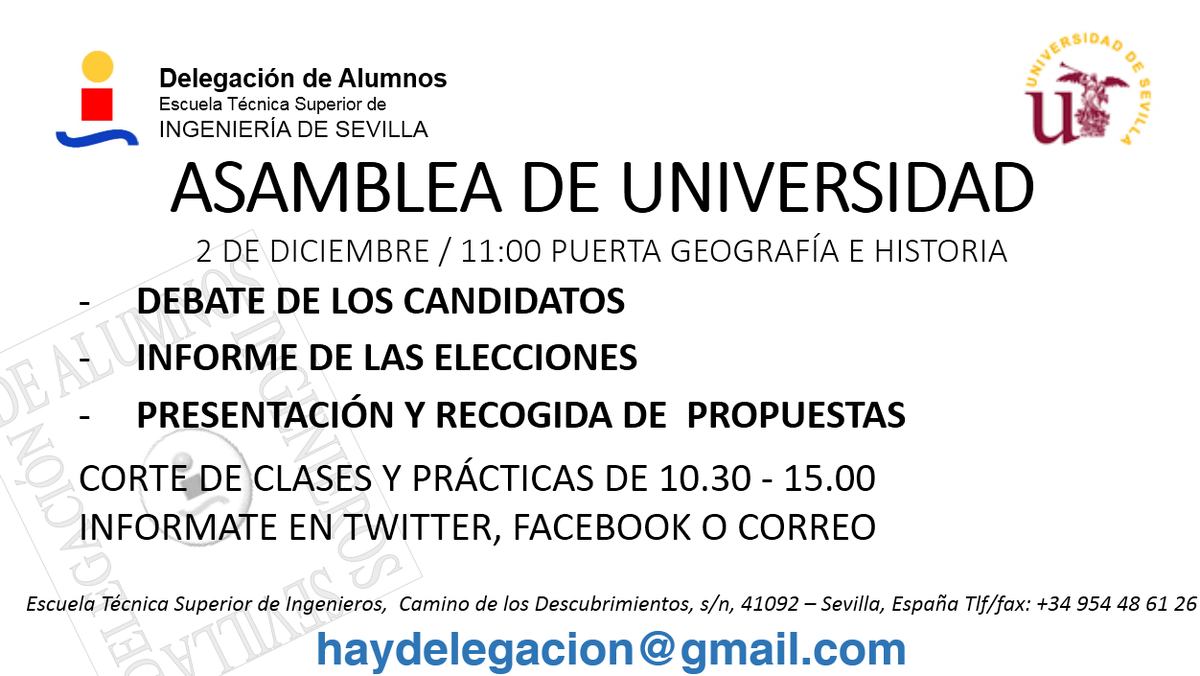 delegacionETSI's tweet photo. ¡Tenéis que ir a la Asamblea de Universidad mañana! Podéis tener un papel importante en el futuro de la US https://t.co/OFXD76ALKj