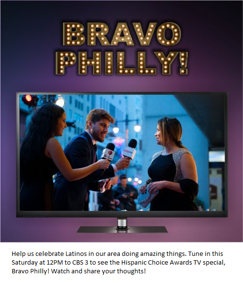HCAwards's tweet photo. Tune in this Saturday at 12PM to CBS 3 to see the Hispanic Choice Awards TV special, Bravo Philly! #2015 #HCAwards https://t.co/XtYz2PA1q6