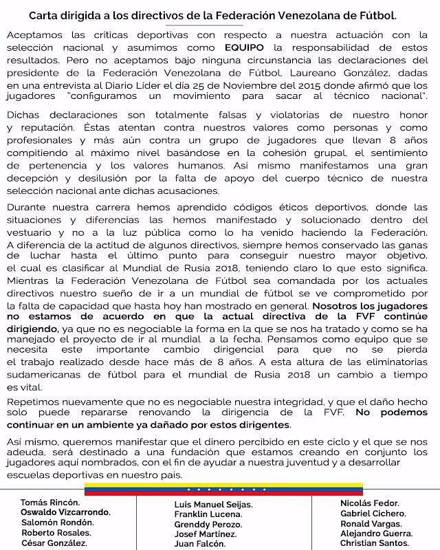 Renuncian a Selección jugadores de Venezuela - CVF_YRLWIAA7O6V