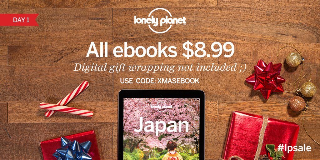 lonelyplanet's tweet photo. Our 12 days of Christmas deals starts today! Use XMASEBOOK to get any ebook for $8.99: https://t.co/zJYlpwFgL8 https://t.co/cDT5HIFEfD