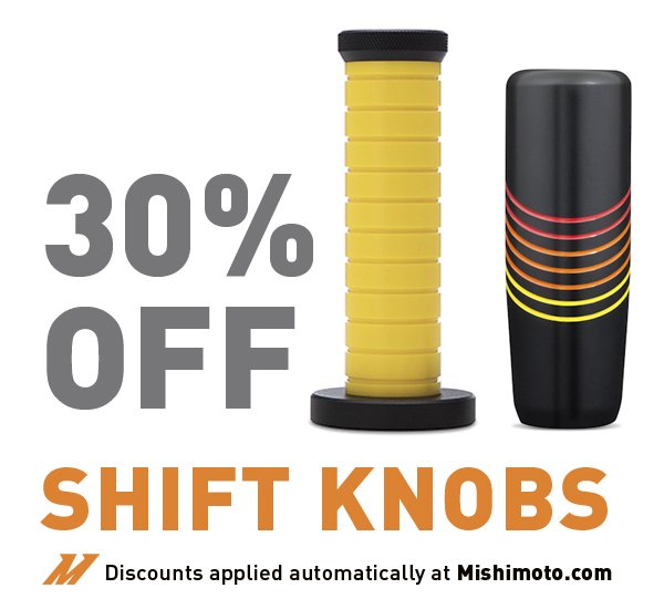 Mishimoto's tweet image. Keep the sales going you say? Okay!
Save 30% on our #shiftknobs for #CyberMonday!
While supplies last!